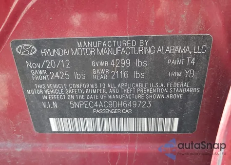 2013 Hyundai Sonata Limited from USA, damaged, VIN 5NPEC4AC9DH649723